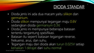 DIODA STANDAR
Ahmad Haidaroh - STIKOM Artha Buana
13
• Dioda jenis ini ada dua macam yaitu silikon dan
germanium.
• Dioda silikon mempunyai tegangan maju 0.6V
sedangkan dioda germanium 0.3V.
• Dioda jenis ini mempunyai beberapa batasan
tertentu tergantung spesifikasi.
• Batasan itu seperti batasan tegangan reverse,
frekuensi, arus, dan suhu.
• Tegangan maju dari dioda akan turun 0.025V setiap
kenaikan 1 derajat dari suhu normal
 
