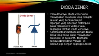 DIODA ZENER
Ahmad Haidaroh - STIKOM Artha Buana
20
• Pada dasarnya, Dioda Zener akan
menyalurkan arus listrik yang mengalir
ke arah yang berlawanan jika
tegangan yang diberikan melampaui
batas “Breakdown Voltage” atau
Tegangan Tembus Dioda Zenernya.
• Karakteristik ini berbeda dengan Dioda
biasa yang hanya dapat menyalurkan
arus listrik ke satu arah. Tegangan
Tembus (Breakdown Voltage) ini
disebut juga dengan Tegangan Zener.
 