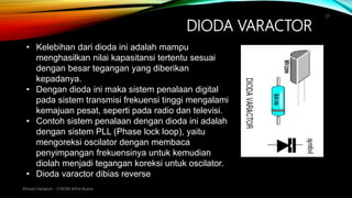 DIODA VARACTOR
Ahmad Haidaroh - STIKOM Artha Buana
27
• Kelebihan dari dioda ini adalah mampu
menghasilkan nilai kapasitansi tertentu sesuai
dengan besar tegangan yang diberikan
kepadanya.
• Dengan dioda ini maka sistem penalaan digital
pada sistem transmisi frekuensi tinggi mengalami
kemajuan pesat, seperti pada radio dan televisi.
• Contoh sistem penalaan dengan dioda ini adalah
dengan sistem PLL (Phase lock loop), yaitu
mengoreksi oscilator dengan membaca
penyimpangan frekuensinya untuk kemudian
diolah menjadi tegangan koreksi untuk oscilator.
• Dioda varactor dibias reverse
 