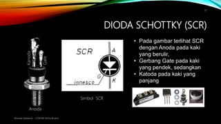 DIODA SCHOTTKY (SCR)
Ahmad Haidaroh - STIKOM Artha Buana
37
Simbol SCR
• Pada gambar terlihat SCR
dengan Anoda pada kaki
yang berulir,
• Gerbang Gate pada kaki
yang pendek, sedangkan
• Katoda pada kaki yang
panjang
Anoda
Kanoda
 