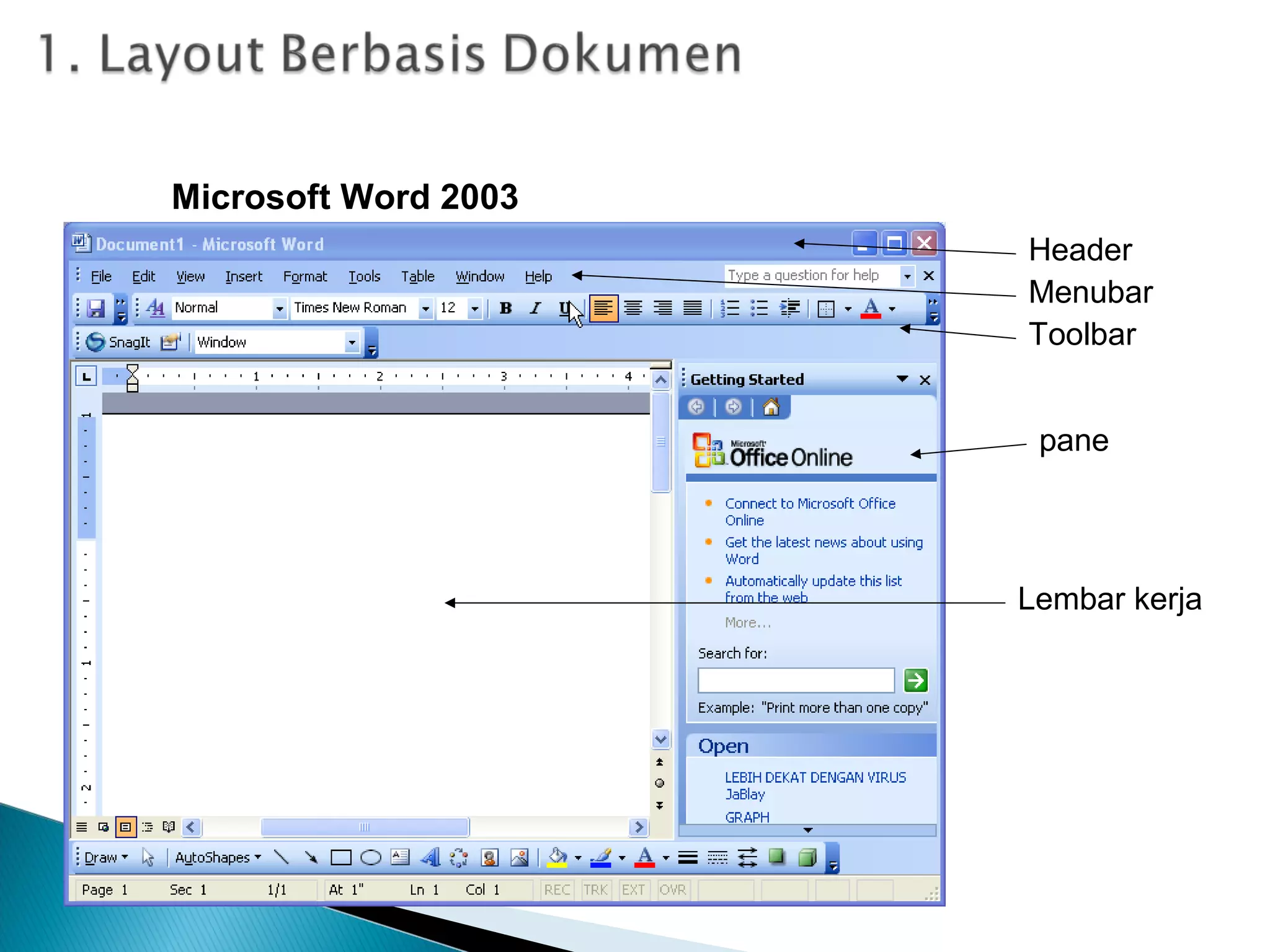 Microsoft Word 2003
Header
Menubar
Toolbar
pane
Lembar kerja
 