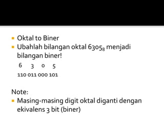  Oktal to Biner
 Ubahlah bilangan oktal 63058 menjadi
bilangan biner!
6 3 0 5
110 011 000 101
Note:
 Masing-masing digit oktal diganti dengan
ekivalens 3 bit (biner)
 
