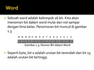 Sebuah word adalah kelompok 16 bit. Kita akan
menomori bit dalam word mulai dari nol sampai
dengan lima belas. Penomoran bit muncul di gambar
1.3.
Gambar 1.3: Nomor Bit dalam Word
 Seperti byte, bit 0 adalah urutan bit terendah dan bit 15
adalah urutan bit tertinggi.
 