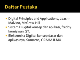  Digital Principles and Applications, Leach-
Malvino, McGraw-Hill
 Sistem Diugital konsep dan aplikasi, freddy
kurniawan, ST.
 Elektronika Digiltal konsep dasar dan
aplikasinya, Sumarna, GRAHA ILMU
 