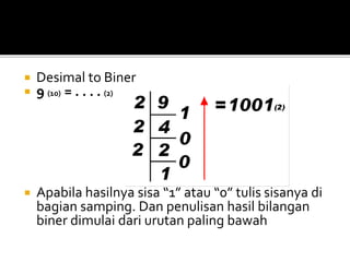  Desimal to Biner
 9 (10) = . . . . (2)
 Apabila hasilnya sisa “1” atau “0” tulis sisanya di
bagian samping. Dan penulisan hasil bilangan
biner dimulai dari urutan paling bawah
 