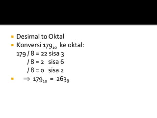  Desimal to Oktal
 Konversi 17910 ke oktal:
179 / 8 = 22 sisa 3
/ 8 = 2 sisa 6
/ 8 = 0 sisa 2
  17910 = 2638
 