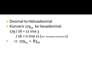 Desimal to Heksadesimal
 Konversi 17910 ke hexadesimal:
179 / 16 = 11 sisa 3
/ 16 = 0 sisa 11 (dlm hexadesimal berarti B)
  17910 = B316
 