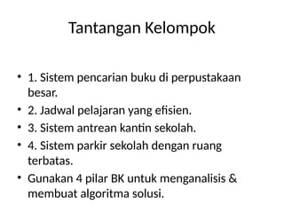 Tantangan Kelompok
• 1. Sistem pencarian buku di perpustakaan
besar.
• 2. Jadwal pelajaran yang efisien.
• 3. Sistem antrean kantin sekolah.
• 4. Sistem parkir sekolah dengan ruang
terbatas.
• Gunakan 4 pilar BK untuk menganalisis &
membuat algoritma solusi.
 