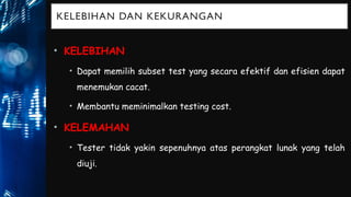KELEBIHAN DAN KEKURANGAN
• KELEBIHAN
• Dapat memilih subset test yang secara efektif dan efisien dapat
menemukan cacat.
• Membantu meminimalkan testing cost.
• KELEMAHAN
• Tester tidak yakin sepenuhnya atas perangkat lunak yang telah
diuji.
 