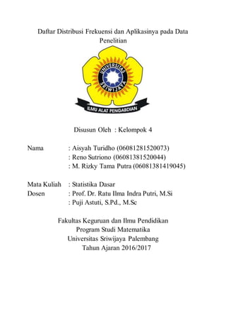 Daftar Distribusi Frekuensi dan Aplikasinya pada Data
Penelitian
Disusun Oleh : Kelompok 4
Nama : Aisyah Turidho (06081281520073)
: Reno Sutriono (06081381520044)
: M. Rizky Tama Putra (06081381419045)
Mata Kuliah : Statistika Dasar
Dosen : Prof. Dr. Ratu Ilma Indra Putri, M.Si
: Puji Astuti, S.Pd., M.Sc
Fakultas Keguruan dan Ilmu Pendidikan
Program Studi Matematika
Universitas Sriwijaya Palembang
Tahun Ajaran 2016/2017
 