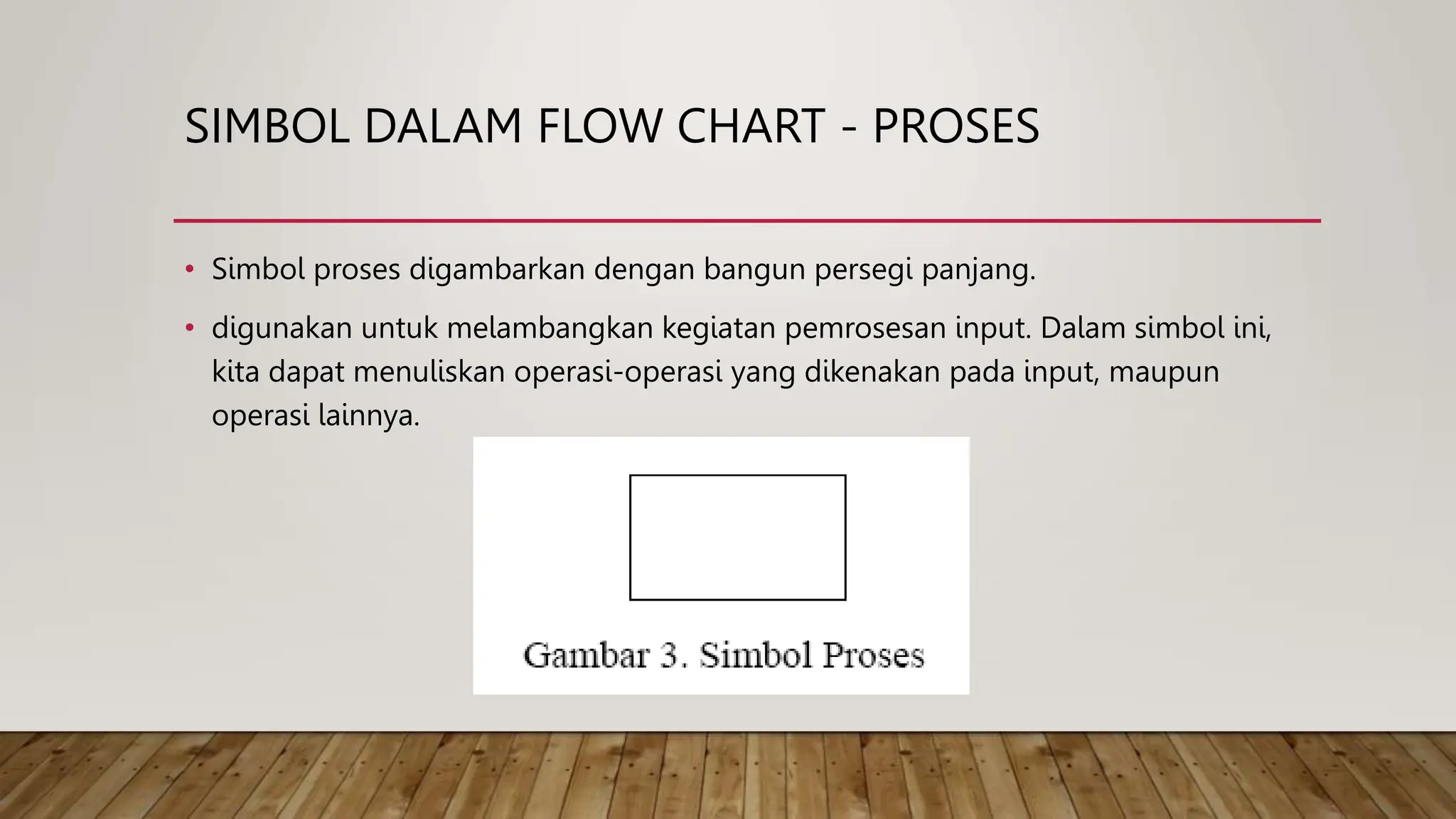 SIMBOL DALAM FLOW CHART - PROSES
• Simbol proses digambarkan dengan bangun persegi panjang.
• digunakan untuk melambangkan kegiatan pemrosesan input. Dalam simbol ini,
kita dapat menuliskan operasi-operasi yang dikenakan pada input, maupun
operasi lainnya.
 