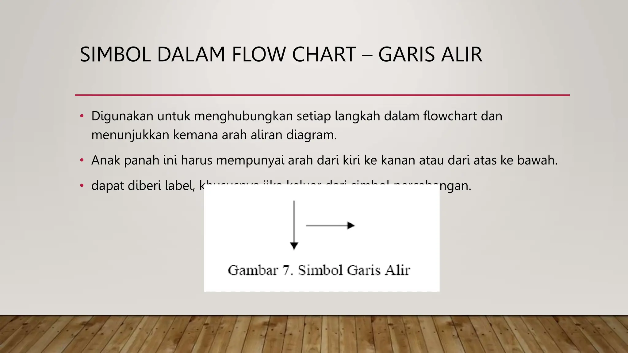 SIMBOL DALAM FLOW CHART – GARIS ALIR
• Digunakan untuk menghubungkan setiap langkah dalam flowchart dan
menunjukkan kemana arah aliran diagram.
• Anak panah ini harus mempunyai arah dari kiri ke kanan atau dari atas ke bawah.
• dapat diberi label, khususnya jika keluar dari simbol percabangan.
 