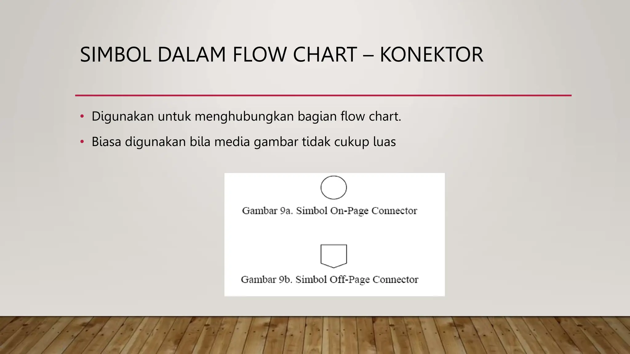 SIMBOL DALAM FLOW CHART – KONEKTOR
• Digunakan untuk menghubungkan bagian flow chart.
• Biasa digunakan bila media gambar tidak cukup luas
 