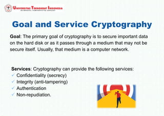 Goal and Service Cryptography
Goal: The primary goal of cryptography is to secure important data
on the hard disk or as it passes through a medium that may not be
secure itself. Usually, that medium is a computer network.
Services: Cryptography can provide the following services:
 Confidentiality (secrecy)
 Integrity (anti-tampering)
 Authentication
 Non-repudiation.
 