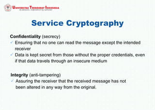 Service Cryptography
Confidentiality (secrecy)
 Ensuring that no one can read the message except the intended
receiver
 Data is kept secret from those without the proper credentials, even
if that data travels through an insecure medium
Integrity (anti-tampering)
 Assuring the receiver that the received message has not
been altered in any way from the original.
 