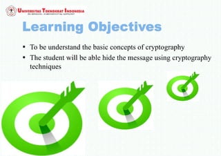 • To be understand the basic concepts of cryptography
• The student will be able hide the message using cryptography
techniques
 