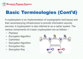 Basic Terminologies (Cont’d)
A cryptosystem is an implementation of cryptographic techniques and
their accompanying infrastructure to provide information security
services. A cryptosystem is also referred to as a cipher system. The
various components of a basic cryptosystem are as follows −
 Plaintext
 Encryption Algorithm
 Ciphertext
 Decryption Algorithm
 Encryption Key
 Decryption Key
 