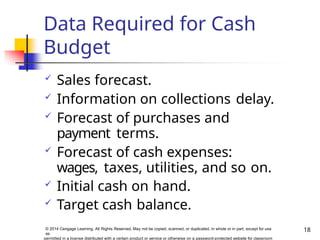 Data Required for Cash
Budget
18
© 2014 Cengage Learning. All Rights Reserved. May not be copied, scanned, or duplicated, in whole or in part, except for use
as
permitted in a license distributed with a certain product or service or otherwise on a password-protected website for classroom
 Sales forecast.
 Information on collections delay.
 Forecast of purchases and
payment terms.
 Forecast of cash expenses:
wages, taxes, utilities, and so on.
 Initial cash on hand.
 Target cash balance.
 