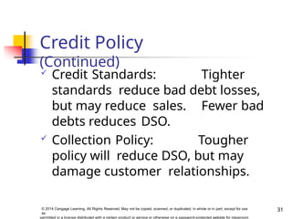 Credit Policy
(Continued)
31
© 2014 Cengage Learning. All Rights Reserved. May not be copied, scanned, or duplicated, in whole or in part, except for use
as
permitted in a license distributed with a certain product or service or otherwise on a password-protected website for classroom
 Credit Standards: Tighter
standards reduce bad debt losses,
but may reduce sales. Fewer bad
debts reduces DSO.
 Collection Policy: Tougher
policy will reduce DSO, but may
damage customer relationships.
 