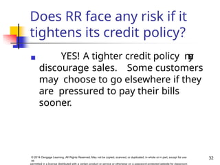 Does RR face any risk if it
tightens its credit policy?
32
© 2014 Cengage Learning. All Rights Reserved. May not be copied, scanned, or duplicated, in whole or in part, except for use
as
permitted in a license distributed with a certain product or service or otherwise on a password-protected website for classroom
◼ YES! A tighter credit policy m
a
y
discourage sales. Some customers
may choose to go elsewhere if they
are pressured to pay their bills
sooner.
 