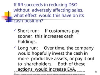 If RR succeeds in reducing DSO
without adversely affecting sales,
what effect would this have on its
cash position?
 Short run: If customers pay
sooner, this increases cash
holdings.
 Long run: Over time, the company
would hopefully invest the cash in
more productive assets, or pay it out
to shareholders. Both of these
actions would increase EVA. 33
© 2014 Cengage Learning. All Rights Reserved. May not be copied, scanned, or duplicated, in whole or in part, except for use
as
permitted in a license distributed with a certain product or service or otherwise on a password-protected website for classroom
 