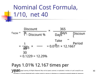 Nominal Cost Formula,
1/10, net 40
= 0.1229 = 12.29%
Pays 1.01% 12.167 times per
year.
rNOM =
Discount
%
1 – Discount %
×
365
days
Days
Take
n
Discoun
t
–
Period
=
1
365
99
30
× = 0.0101 × 12.1667
40
© 2014 Cengage Learning. All Rights Reserved. May not be copied, scanned, or duplicated, in whole or in part, except for use
as
permitted in a license distributed with a certain product or service or otherwise on a password-protected website for classroom
 