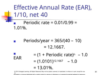 Effective Annual Rate (EAR),
1/10, net 40
41
© 2014 Cengage Learning. All Rights Reserved. May not be copied, scanned, or duplicated, in whole or in part, except for use
as
permitted in a license distributed with a certain product or service or otherwise on a password-protected website for classroom
◼ Periodic rate = 0.01/0.99 =
1.01%.
◼ Periods/year = 365/(40 – 10)
= 12.1667.
◼
EAR
= (1 + Periodic rate)n – 1.0
= (1.0101)12.1667 – 1.0
= 13.01%.
 