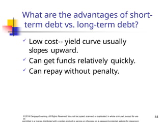 What are the advantages of short-
term debt vs. long-term debt?
44
© 2014 Cengage Learning. All Rights Reserved. May not be copied, scanned, or duplicated, in whole or in part, except for use
as
permitted in a license distributed with a certain product or service or otherwise on a password-protected website for classroom
 Low cost-- yield curve usually
slopes upward.
 Can get funds relatively quickly.
 Can repay without penalty.
 