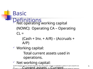 Basic
Definitions
5
© 2014 Cengage Learning. All Rights Reserved. May not be copied, scanned, or duplicated, in whole or in part, except for use
as
permitted in a license distributed with a certain product or service or otherwise on a password-protected website for classroom
 Net operating working capital
(NOWC): Operating CA – Operating
CL =
(Cash + Inv. + A/R) – (Accruals +
A/P)
 Working capital:
Total current assets used in
operations.
 Net working capital:
 