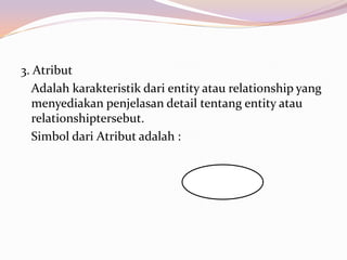 3. Atribut
   Adalah karakteristik dari entity atau relationship yang
   menyediakan penjelasan detail tentang entity atau
   relationshiptersebut.
   Simbol dari Atribut adalah :
 