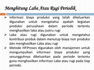 Menghitung Laba Atau Rugi Periodik
 Informasi biaya produksi yang telah dikeluarkan
digunakan untuk mengetahui apakah kegiatan
produksi perusahaan dalam periode tertentu
menghasilkan laba atau justru rugi
 Laba atau rugi digunakan untuk mengetahui
kontribusi produk dalam menutup biaya non produksi
dan menghasilkan Laba atau rugi
 Metode HP.Proses digunakan oleh manajemen untuk
mengumpulkan informasi biaya produksi yang
sesungguhnya dikeluarkan pada periode tertentu
guna menghasilkan informasi Laba atau rugi pada tiap
periode.
 
