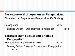 Barang selesai didepartemen Pengepakan:
Ditransfer dari Departemen Pengepakan Ke Gudang
Barang Jadi xxxx
Barang Dalam - Departemen Pengepakan xxxx
Barang Belum selesai dideprtemen
Pengepakan:
Persedian Barang Dalam Proses xxxx
Barang Dalam Proses– Departemen Pengepakan
xxxx
 