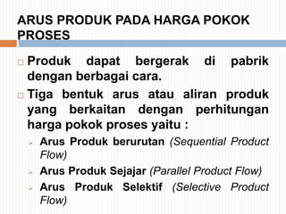 ARUS PRODUK PADA HARGA POKOK
PROSES
 Produk dapat bergerak di pabrik
dengan berbagai cara.
 Tiga bentuk arus atau aliran produk
yang berkaitan dengan perhitungan
harga pokok proses yaitu :
 Arus Produk berurutan (Sequential Product
Flow)
 Arus Produk Sejajar (Parallel Product Flow)
 Arus Produk Selektif (Selective Product
Flow)
 