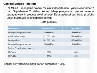 Contoh: Metode Rata-rata
PT MELATI mengolah produk melalui 2 departemen , yaitu Depertemen 1
dan Departemen 2, dalam kedua tahap pengolahan produk tersebut
terdapat work in process awal periode. Data produksi dan biaya produksi
untuk bulan Mei 2010 sebagai berikut
Data produksi
Tingkat penyelesaian biaya bahan semuanya 100%
Keterangan Departemen A Departemen B
Barang dalam proses Awal 10.000 Unit 5.000 Unit
Masuk dalam proses 115.000 Unit 105.000 Unit
Barang selesai 105.000 Unit 102.000 Unit
Barang dalam proses Akhir 20.000 Unit 8.000 Unit
Tingkat Penyelesaian konversi
BDP awal 80% 60%
BDP akhir 75% 50%
 