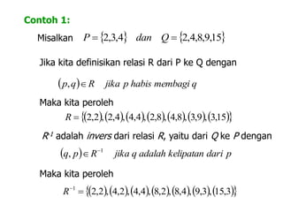 Contoh 1:
Misalkan    15,9,8,4,24,3,2  QdanP
Jika kita definisikan relasi R dari P ke Q dengan
  qmembagihabispjikaRqp ,
Maka kita peroleh
              15,3,9,3,8,4,8,2,4,4,4,2,2,2R
R-1 adalah invers dari relasi R, yaitu dari Q ke P dengan
  pdarikelipatanadalahqjikaRpq 1
, 

Maka kita peroleh
              3,15,3,9,4,8,2,8,4,4,2,4,2,21

R
 