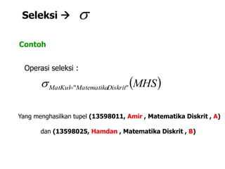 Seleksi  
Contoh
 MHSDiskritMatematikaMatKul ""
Yang menghasilkan tupel (13598011, Amir , Matematika Diskrit , A)
dan (13598025, Hamdan , Matematika Diskrit , B)
Operasi seleksi :
 