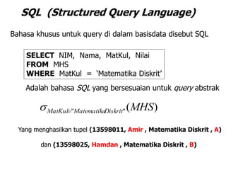 SQL (Structured Query Language)
SELECT NIM, Nama, MatKul, Nilai
FROM MHS
WHERE MatKul = „Matematika Diskrit‟
Adalah bahasa SQL yang bersesuaian untuk query abstrak
)("" MHSDiskritMatematikaMatKul
Yang menghasilkan tupel (13598011, Amir , Matematika Diskrit , A)
dan (13598025, Hamdan , Matematika Diskrit , B)
Bahasa khusus untuk query di dalam basisdata disebut SQL
 