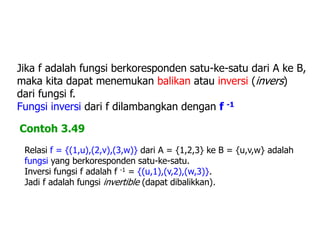 Jika f adalah fungsi berkoresponden satu-ke-satu dari A ke B,
maka kita dapat menemukan balikan atau inversi (invers)
dari fungsi f.
Fungsi inversi dari f dilambangkan dengan f -1
Contoh 3.49
Relasi f = {(1,u),(2,v),(3,w)} dari A = {1,2,3} ke B = {u,v,w} adalah
fungsi yang berkoresponden satu-ke-satu.
Inversi fungsi f adalah f -1 = {(u,1),(v,2),(w,3)}.
Jadi f adalah fungsi invertible (dapat dibalikkan).
 