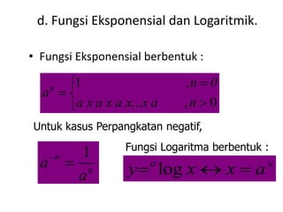 d. Fungsi Eksponensial dan Logaritmik.
• Fungsi Eksponensial berbentuk :






0,...
1
naxxaxaxa
0n,
an
Untuk kasus Perpangkatan negatif,
n
n
a
a
1

Fungsi Logaritma berbentuk :
ya
axxy  log
 