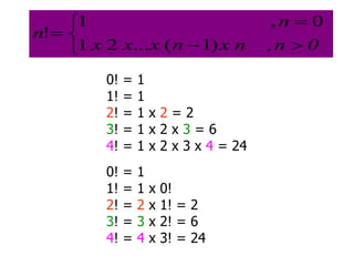 0n,nxnxxx
n
n






)1(...21
0,1
!
0! = 1
1! = 1
2! = 1 x 2 = 2
3! = 1 x 2 x 3 = 6
4! = 1 x 2 x 3 x 4 = 24
0! = 1
1! = 1 x 0!
2! = 2 x 1! = 2
3! = 3 x 2! = 6
4! = 4 x 3! = 24
 