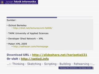 Teknologi XML (2010/2011) – Hari Setiaji, S.Kom Sumber: iSchool Berkeley   http://dret.net/lectures/xml-fall06/ TAMK University of Applied Sciences Developer Shed Network – XML Materi XML 2009 http://salhazan.com/homepage 
