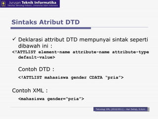 Sintaks Atribut DTD Teknologi XML (2010/2011) – Hari Setiaji, S.Kom Deklarasi attribut DTD mempunyai  sintak  seperti dibawah ini  : <!ATTLIST element-name attribute-name   attribute-type default-value> Contoh DTD : <!ATTLIST  mahasiswa gender CDATA “pria” > Contoh XML : < mahasiswa gender=“pria” > 