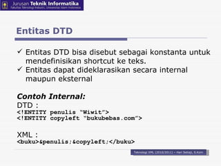 Entitas DTD Teknologi XML (2010/2011) – Hari Setiaji, S.Kom Entitas DTD bisa disebut sebagai konstanta untuk   mendefinisikan shortcut ke teks.  Entitas dapat   dideklarasikan secara internal maupun eksternal Contoh Internal: DTD : <!ENTITY penulis “ Wiwit ”> <!ENTITY copyleft “bukubebas.com”> XML : <buku>&penulis;&copyleft;</buku> 