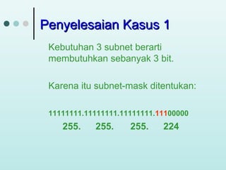 Penyelesaian Kasus 1
Kebutuhan 3 subnet berarti
membutuhkan sebanyak 3 bit.
Karena itu subnet-mask ditentukan:
11111111.11111111.11111111.11100000

255.

255.

255.

224

 