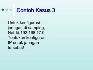 Contoh Kasus 3
Untuk konfigurasi
jaringan di samping,
Net-Id:192.168.17.0.
Tentukan konfigurasi
IP untuk jaringan
tersebut!

 