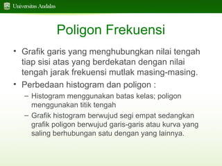 Poligon Frekuensi
• Grafik garis yang menghubungkan nilai tengah
tiap sisi atas yang berdekatan dengan nilai
tengah jarak frekuensi mutlak masing-masing.
• Perbedaan histogram dan poligon :
– Histogram menggunakan batas kelas; poligon
menggunakan titik tengah
– Grafik histogram berwujud segi empat sedangkan
grafik poligon berwujud garis-garis atau kurva yang
saling berhubungan satu dengan yang lainnya.

 