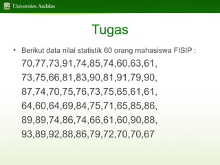 Tugas
• Berikut data nilai statistik 60 orang mahasiswa FISIP :

70,77,73,91,74,85,74,60,63,61,
73,75,66,81,83,90,81,91,79,90,
87,74,70,75,76,73,75,65,61,61,
64,60,64,69,84,75,71,65,85,86,
89,89,74,86,74,66,61,60,90,88,
93,89,92,88,86,79,72,70,70,67

 