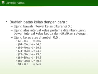 • Buatlah batas kelas dengan cara :
– Ujung bawah interval kelas dikurangi 0,5
– Ujung atas interval kelas pertama ditambah ujung
bawah interval kelas kedua dan dikalikan setengah.
– Ujung kelas atas ditambah 0,5 :
•
•
•
•
•
•
•
•

60 – 0,5
= 59,5
(64+65) x ½ = 64,5
(69+70) x ½ = 69,5
(74+75) x ½ = 74,5
(79+80) x ½ = 79,5
(84+85) x ½ = 84,5
(89+90) x ½ = 89,5
94 + 0.5
= 94,5

 