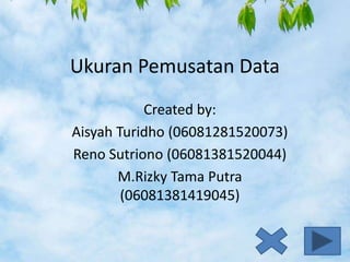 Ukuran Pemusatan Data
Created by:
Aisyah Turidho (06081281520073)
Reno Sutriono (06081381520044)
M.Rizky Tama Putra
(06081381419045)
 