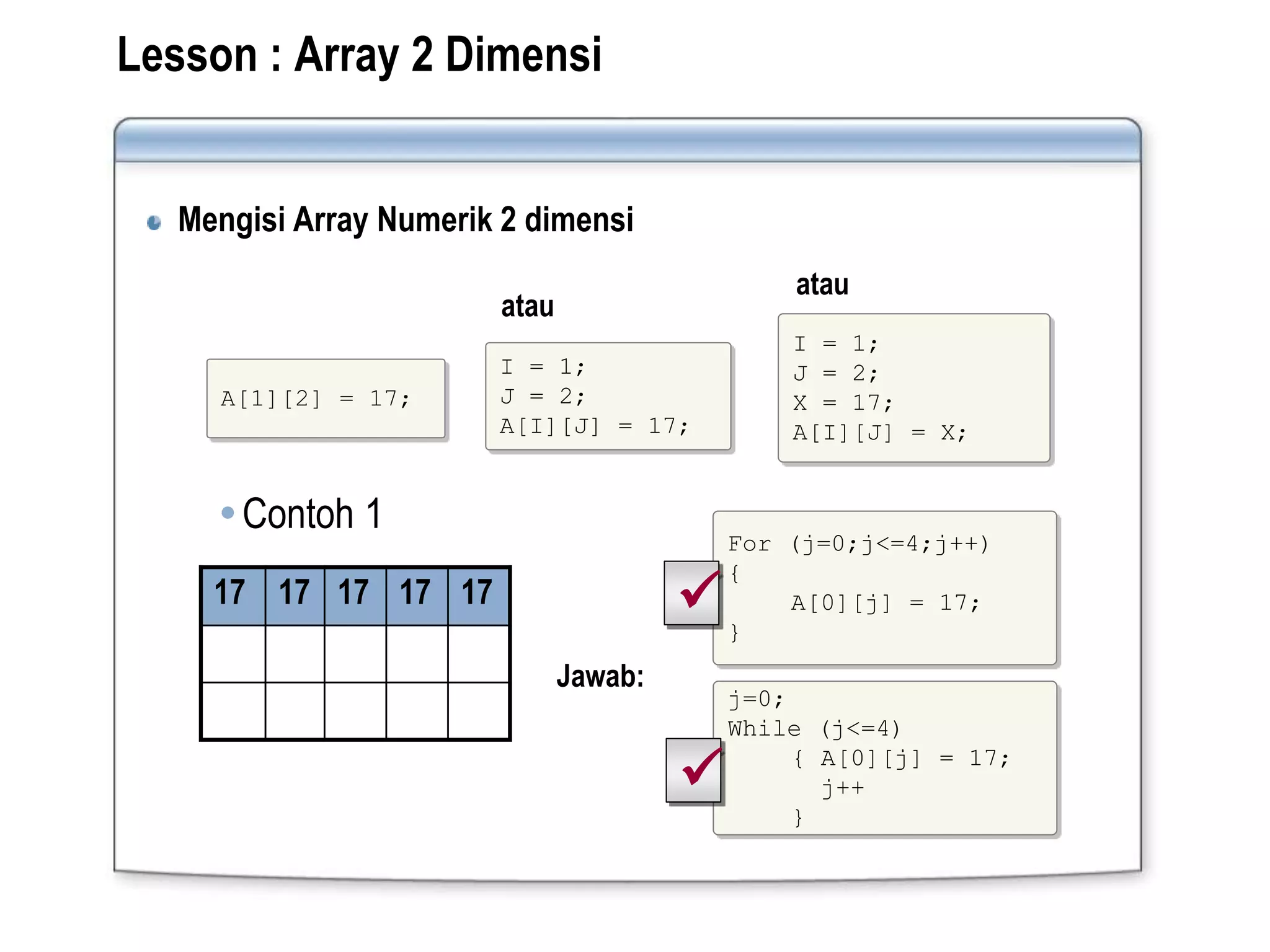 Lesson : Array 2 Dimensi
Mengisi Array Numerik 2 dimensi
A[1][2] = 17;
I = 1;
J = 2;
A[I][J] = 17;
I = 1;
J = 2;
X = 17;
A[I][J] = X;
atau
atau
Contoh 1
17 17 17 17 17
For (j=0;j<=4;j++)
{
A[0][j] = 17;
}
j=0;
While (j<=4)
{ A[0][j] = 17;
j++
}


Jawab:
 